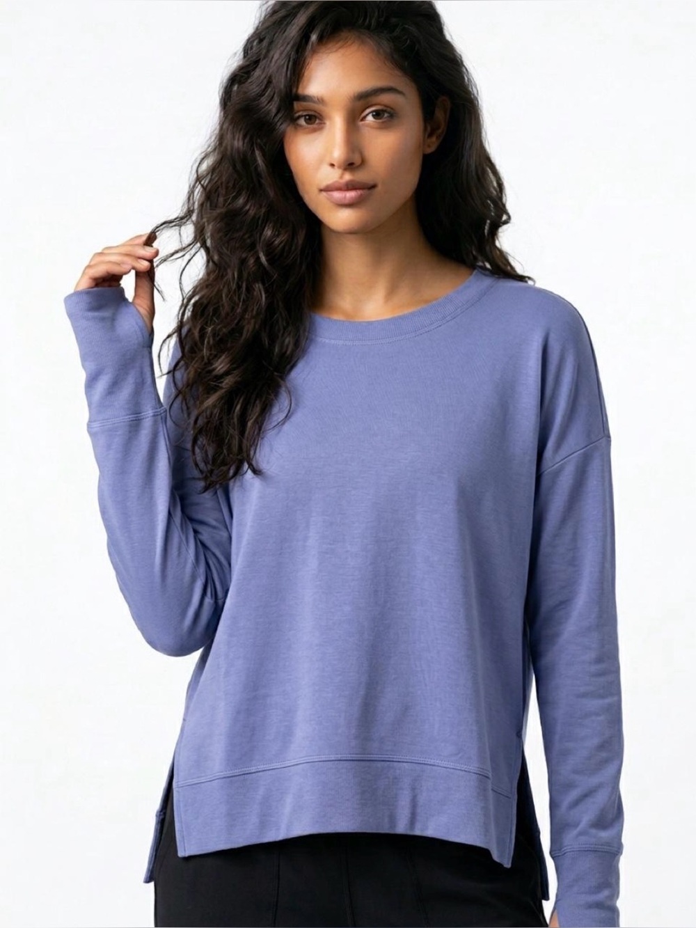 Athleta Coaster Luxe Sweatshirt NWT Large Blue/Purple Crewneck Thumbholes Soft